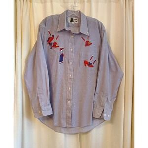 ShipShe Women's 1X Striped Embroidered‎ Red Hats Button Up Long Sleeve Shirt